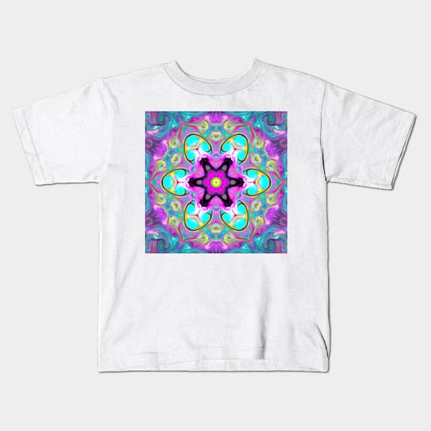 Psychedelic Mandala Flower Blue Pink and Yellow Kids T-Shirt by WormholeOrbital